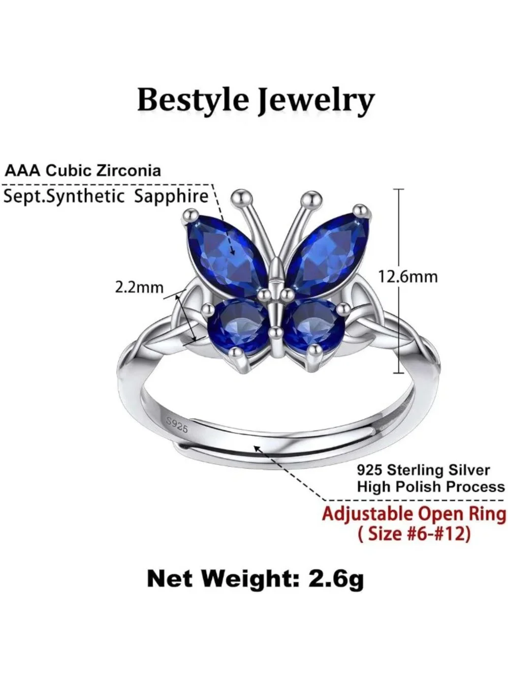 Sterling Silver Butterfly Ring - Hypoallergenic Adjustable Birthstone Jewelry